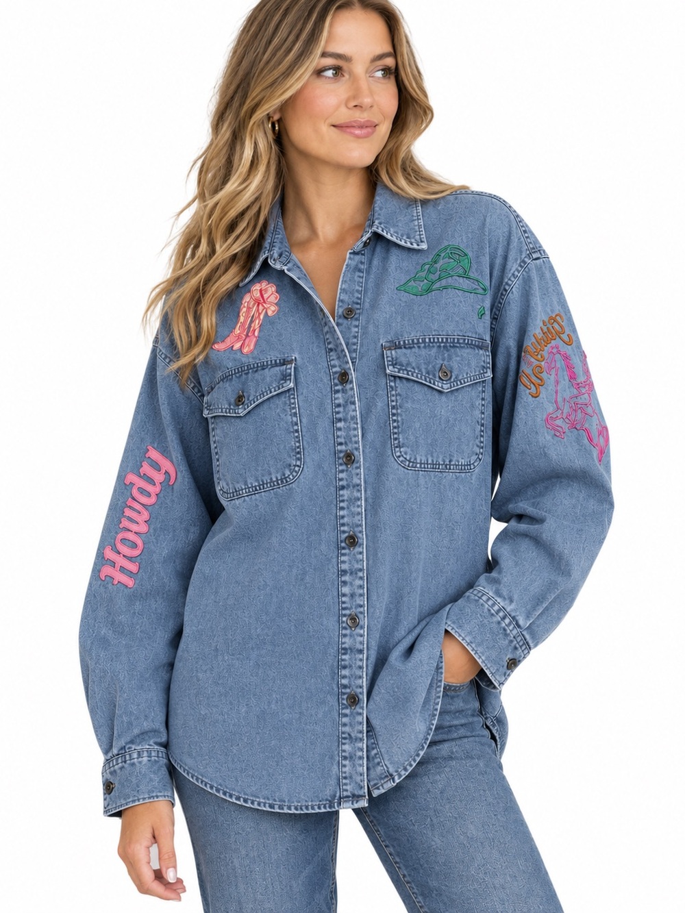 MERIGOLD KISS Embroidered Denim Shirt - Pink & Teal Accents L